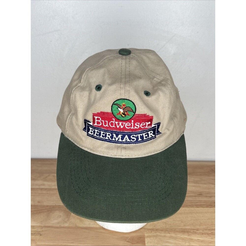 Vintage Budweiser Beermaster Hat Strapback Cap Khaki Green Spellout Beer Promo